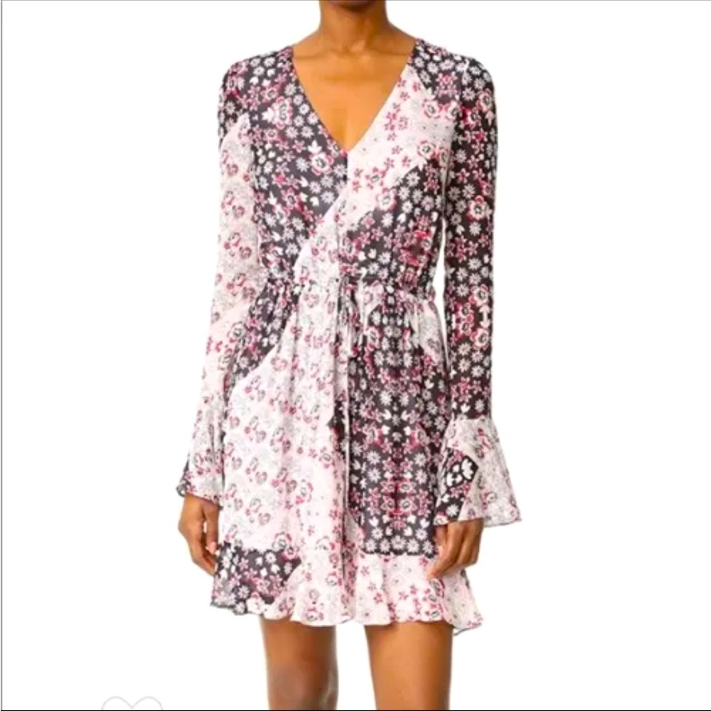Rebecca Minkoff Long Bell Sleeve June A-line Dress Patchwork Motif Waist Tie